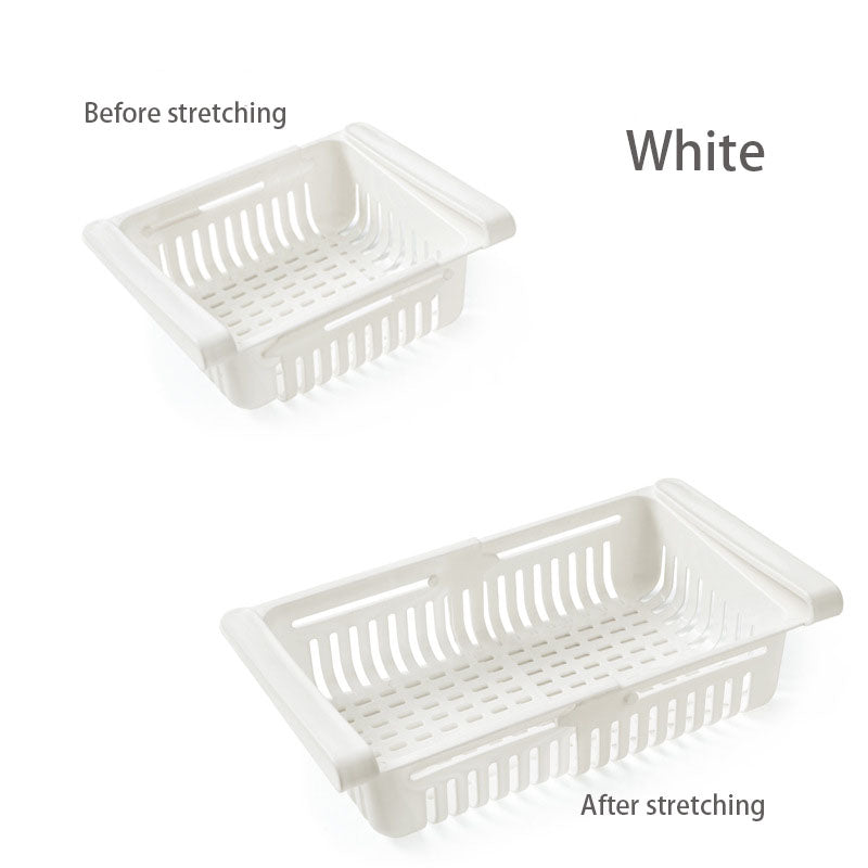 White pull-out fridge storage bin shown before and after stretching