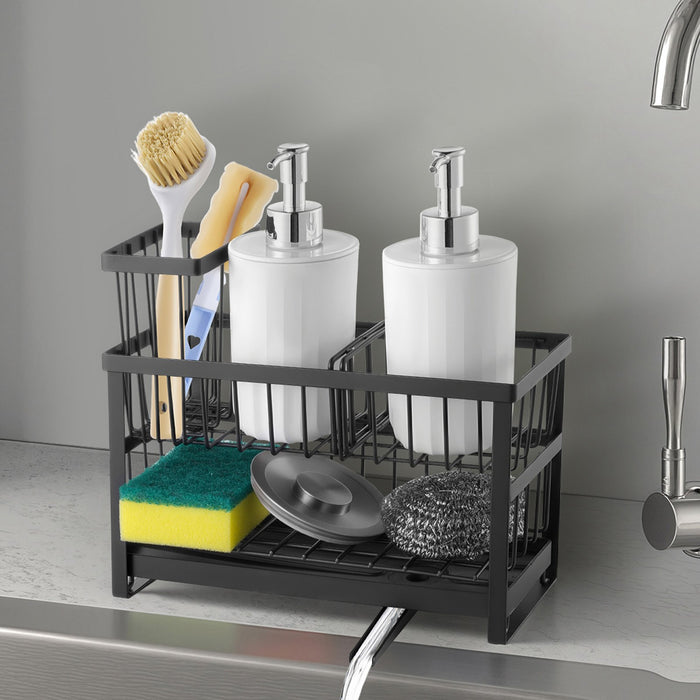 Black metal sink caddy holding two soap dispensers, brushes and a sponge