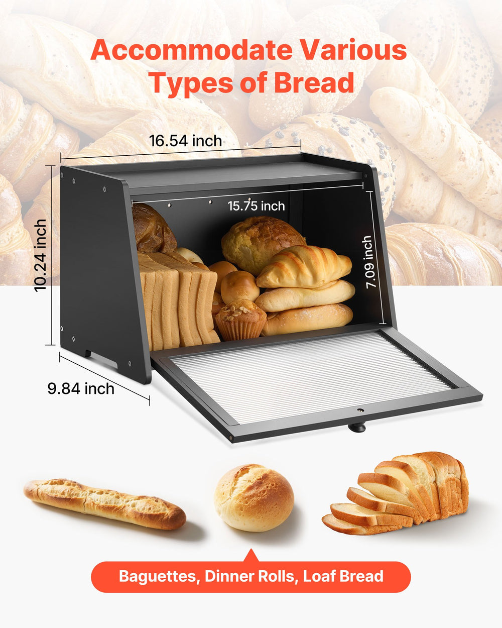 Black bread box with its door open showing bread, with the size marked in inches