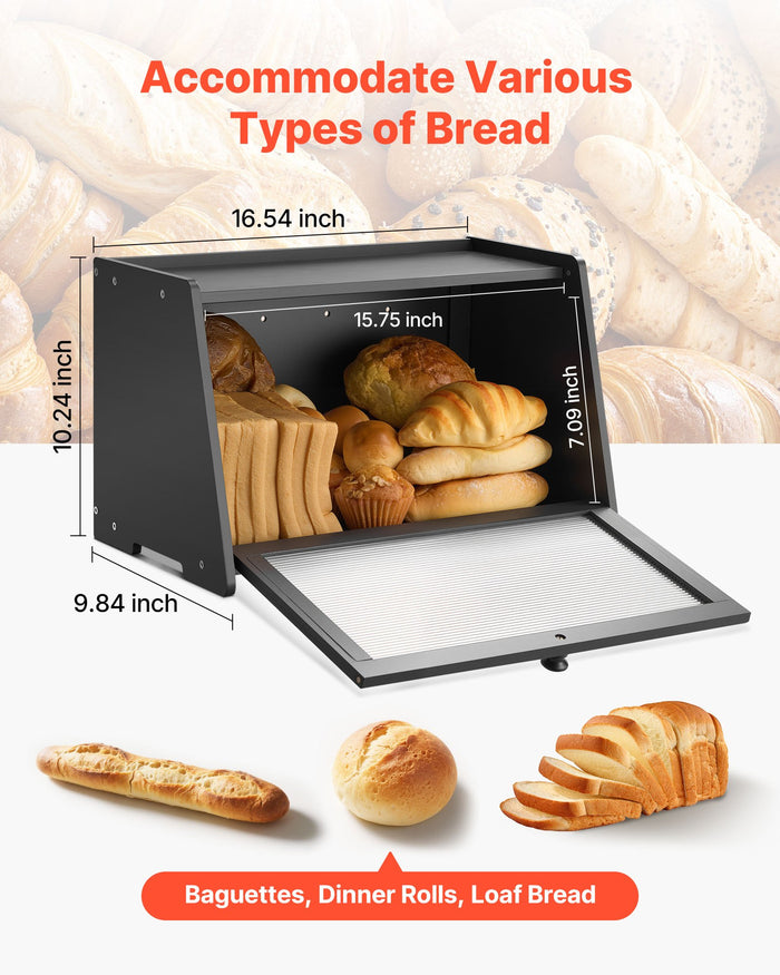 Black bread box with its door open showing bread, with the size marked in inches
