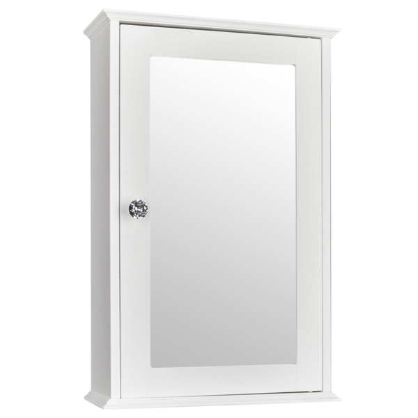 White wall cabinet with a mirror door, front view
