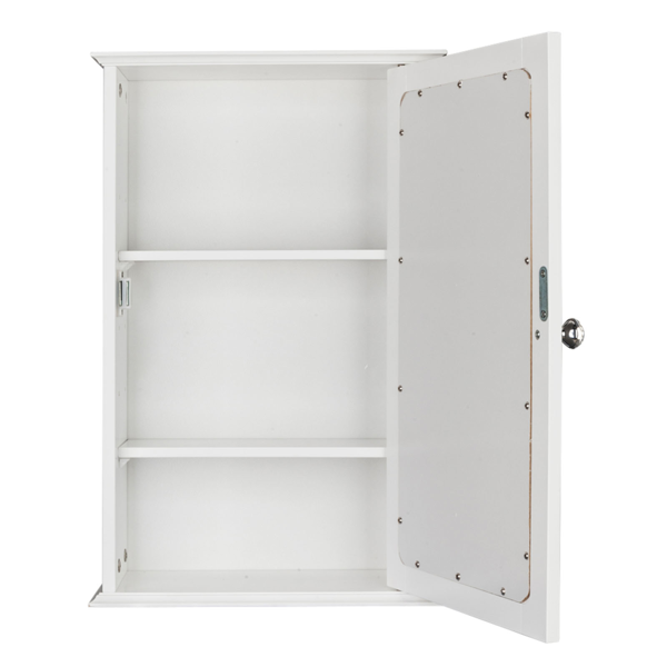 Cabinet with the mirror door open and the shelf inside