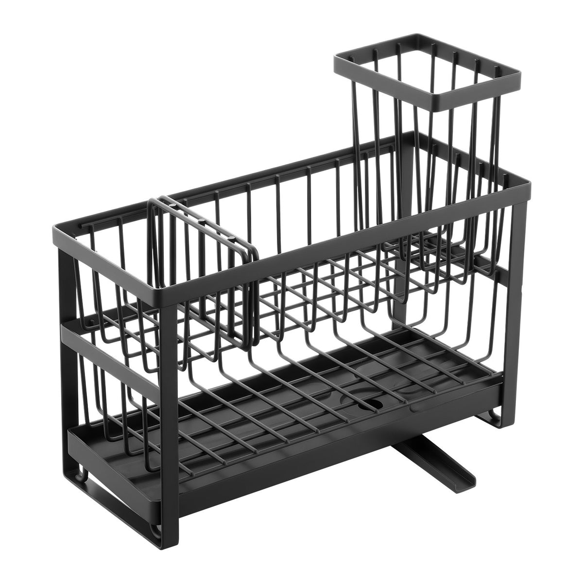 Empty black metal sink caddy seen from above