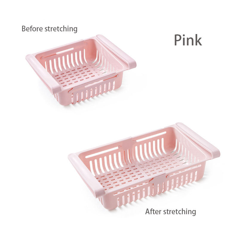 Pink pull-out fridge storage bin shown before and after stretching