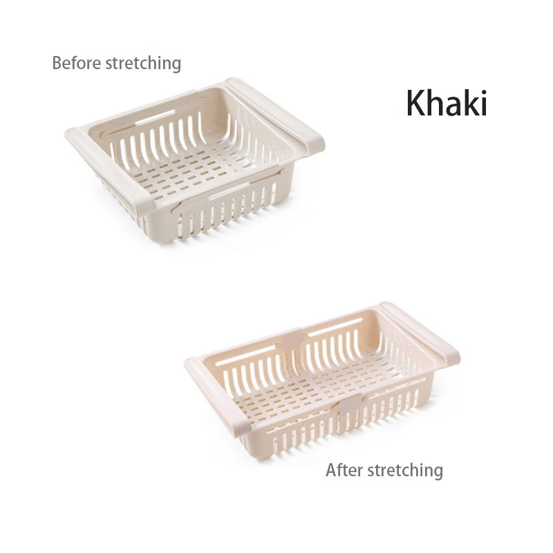 Khaki pull-out fridge storage bin shown before and after stretching
