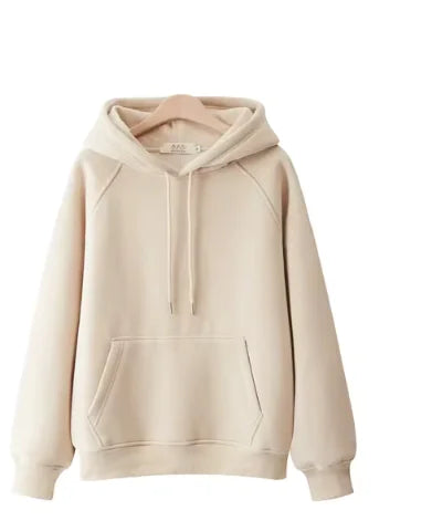A Khaki pullover hoodie with kangaroo pocket, displayed on wooden hanger against white background