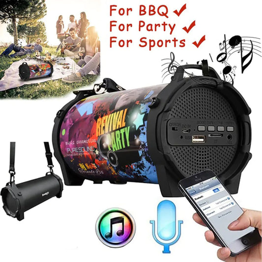 A Small portable Bluetooth Speaker Shows  Marketing composite showing speaker uses (BBQ, Party, Sports), Bluetooth connectivity, and app control features