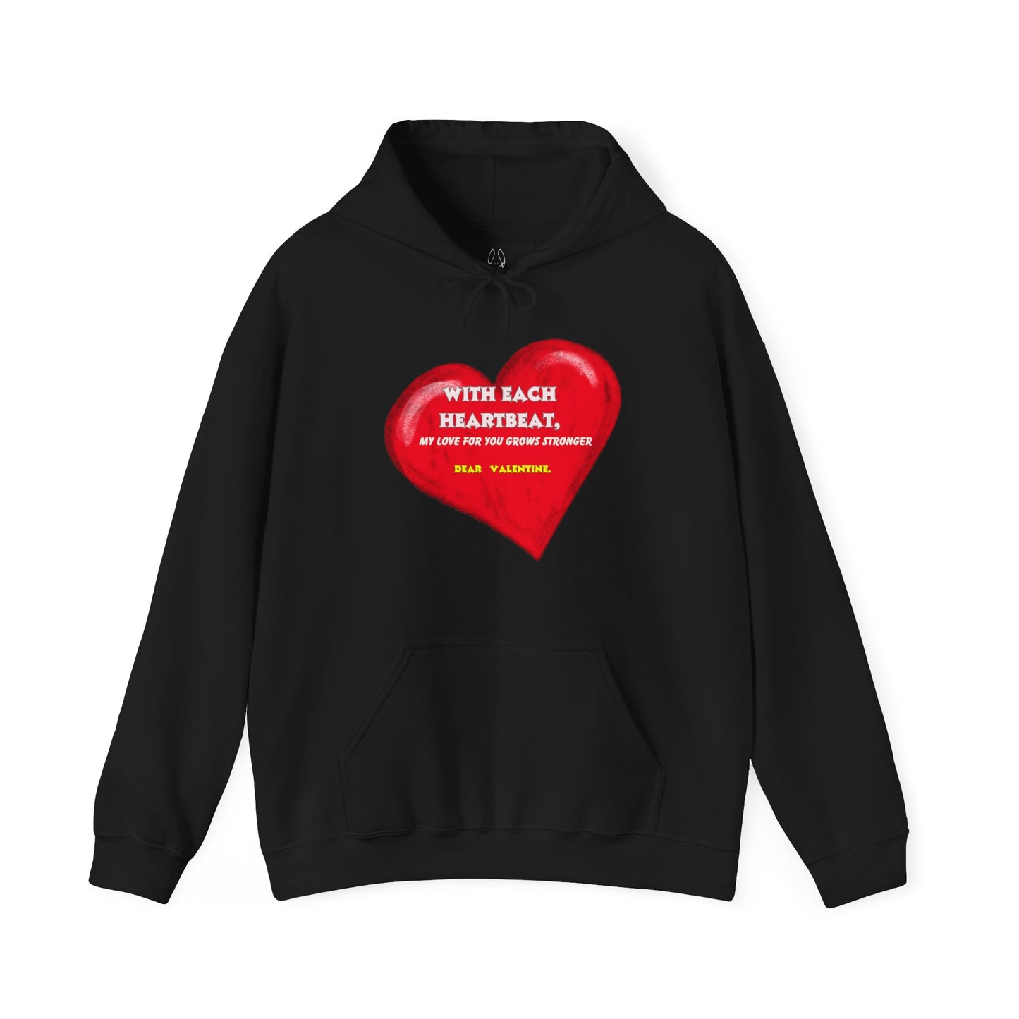 A black hooded sweatshirt with the same red heart design and Valentine's message.