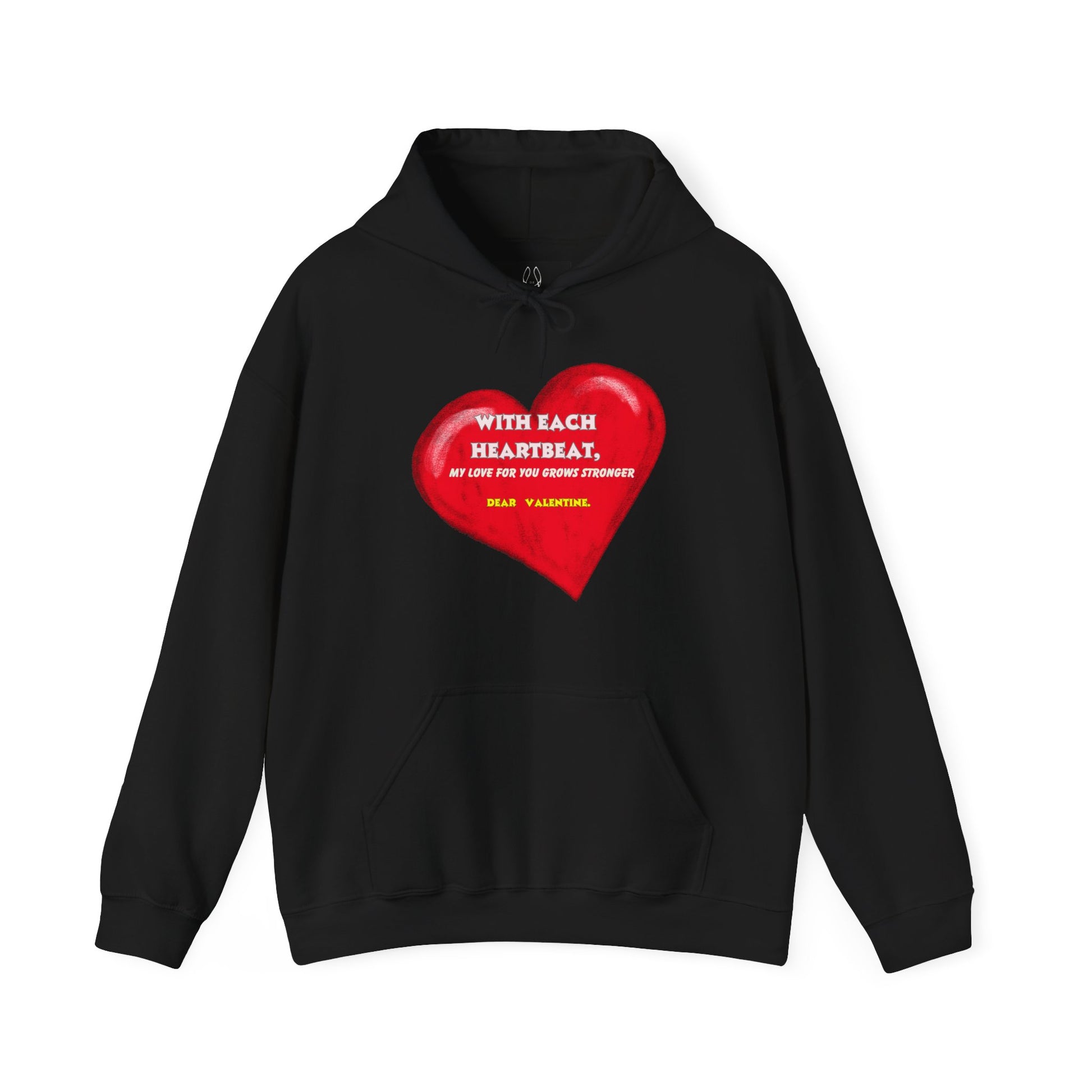 A black hooded sweatshirt with the same red heart design and Valentine's message.