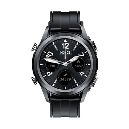 A digital smartwatch with a black and silver design and a circular face displaying time, date, and activity tracking features.