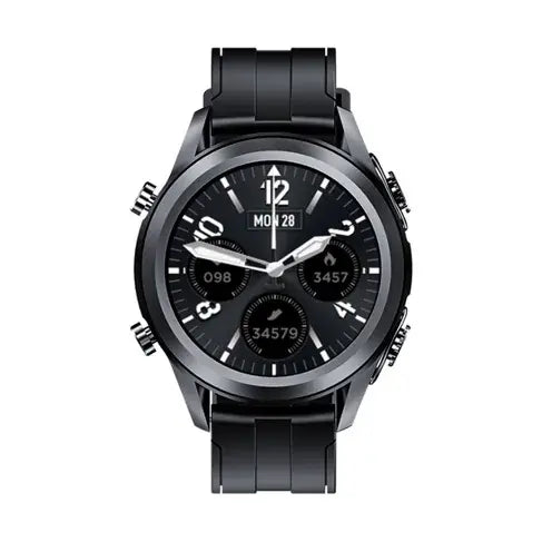 A digital smartwatch with a black and silver design and a circular face displaying time, date, and activity tracking features.