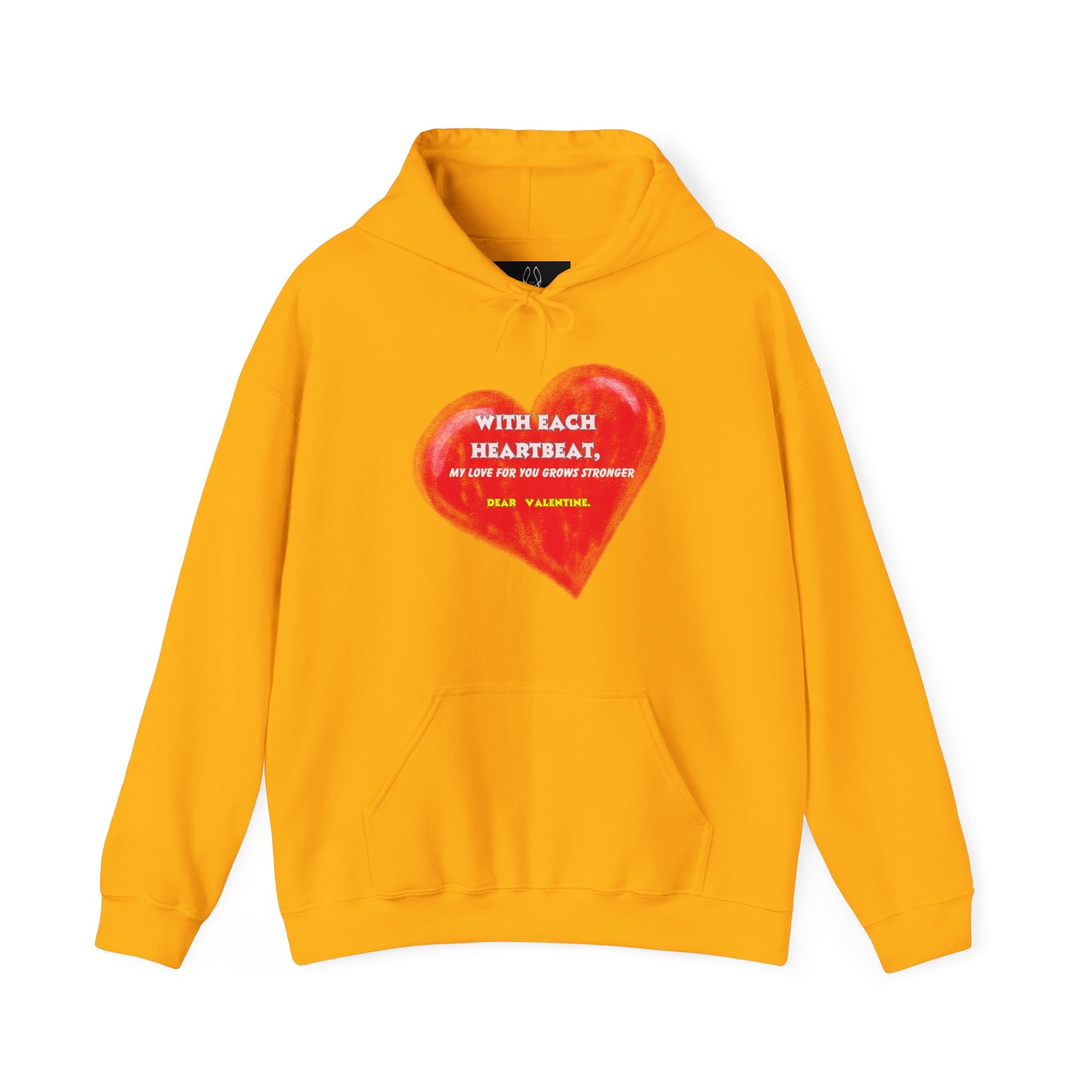 A golden yellow hooded sweatshirt with the identical red heart design and Valentine's message.