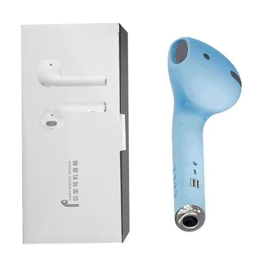A large blue earphone resembling an AirPod next to its packaging