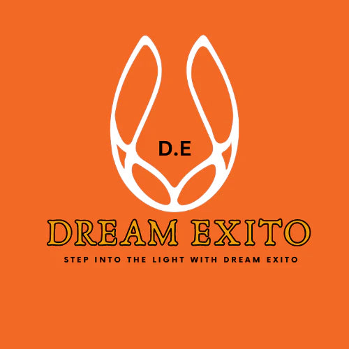 A logo for "Dream Exito" on an orange background, featuring a white flame-like icon with "D.E." and the text "STEP INTO THE LIGHT WITH DREAM EXITO" below in black.