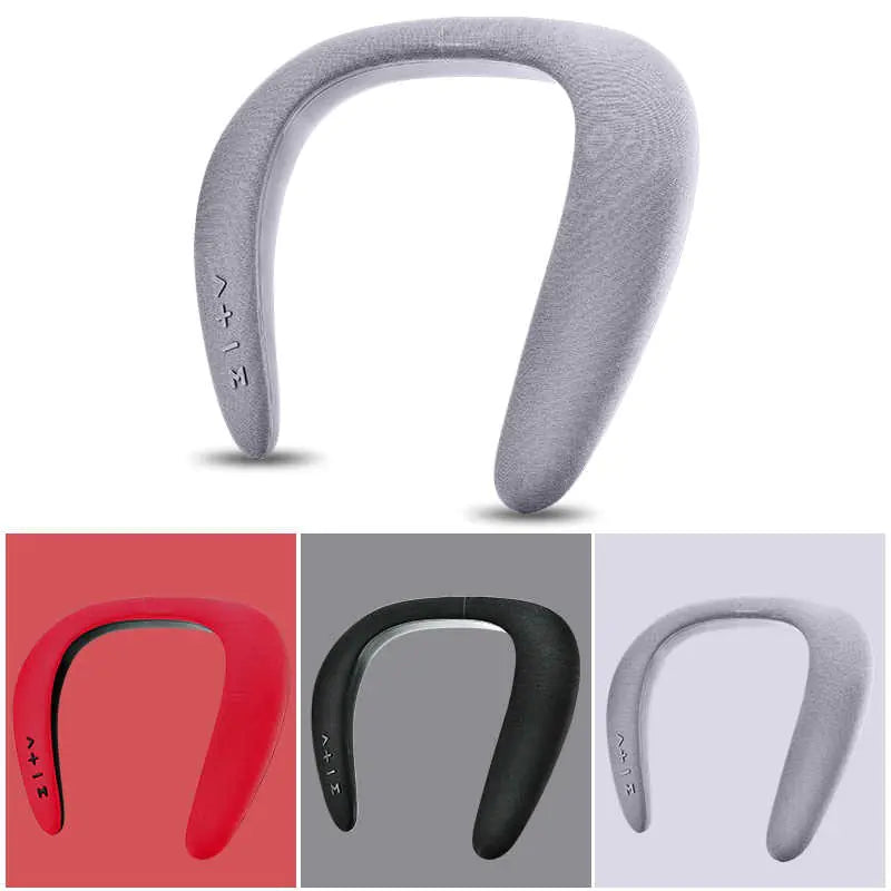 A neckband speaker or wearable audio device in different colors and views. The device has a distinctive U-shaped or horseshoe design that would rest around the neck. It's shown in several colors:
Light gray/silver
Black
Red