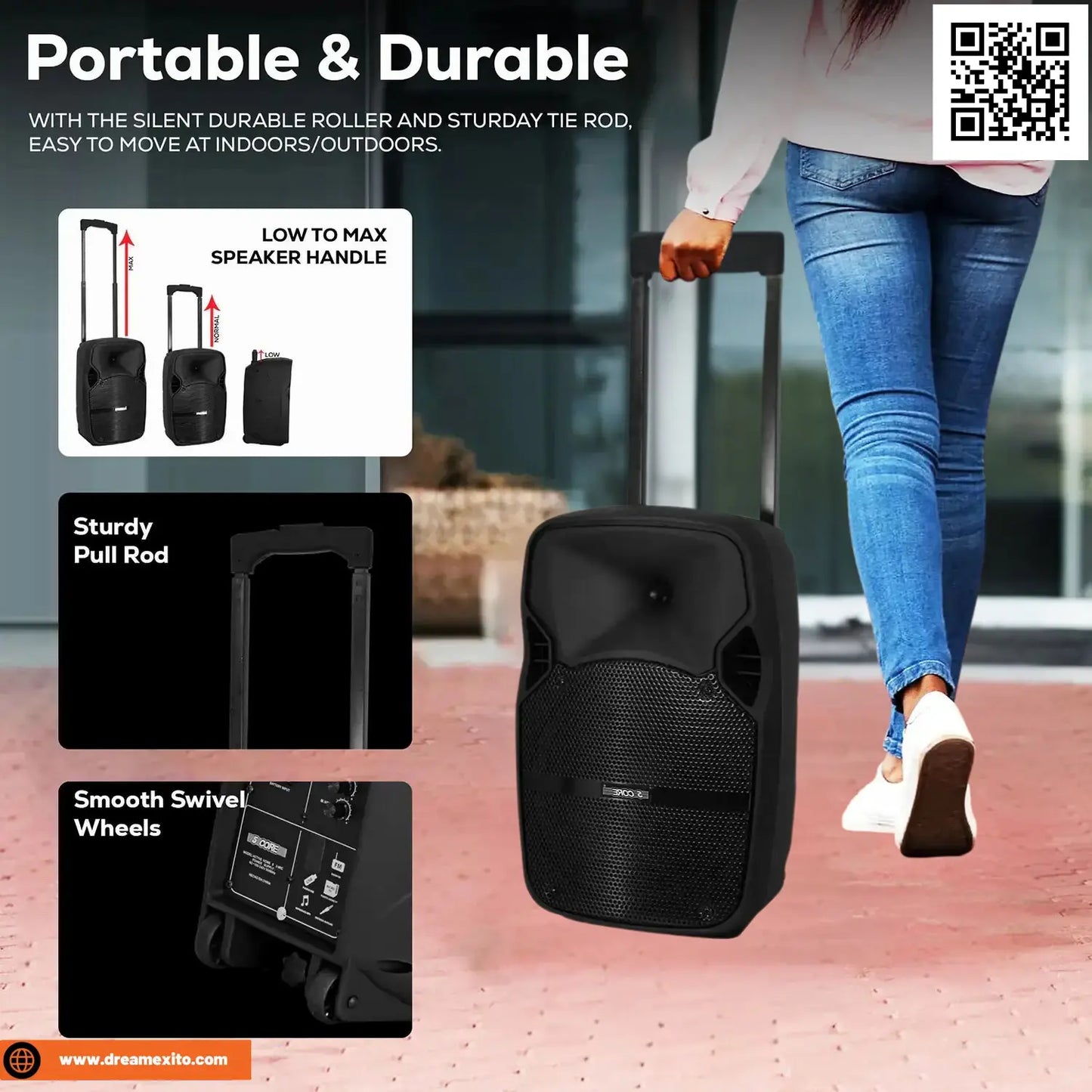 A person pulls a portable black speaker with a telescopic handle and wheels on a brick pathway, with inset images highlighting features like the handle and wheels.