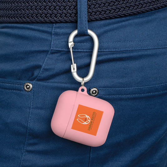 A pink earbud case with an orange label attached to blue pants with a silver carabiner.