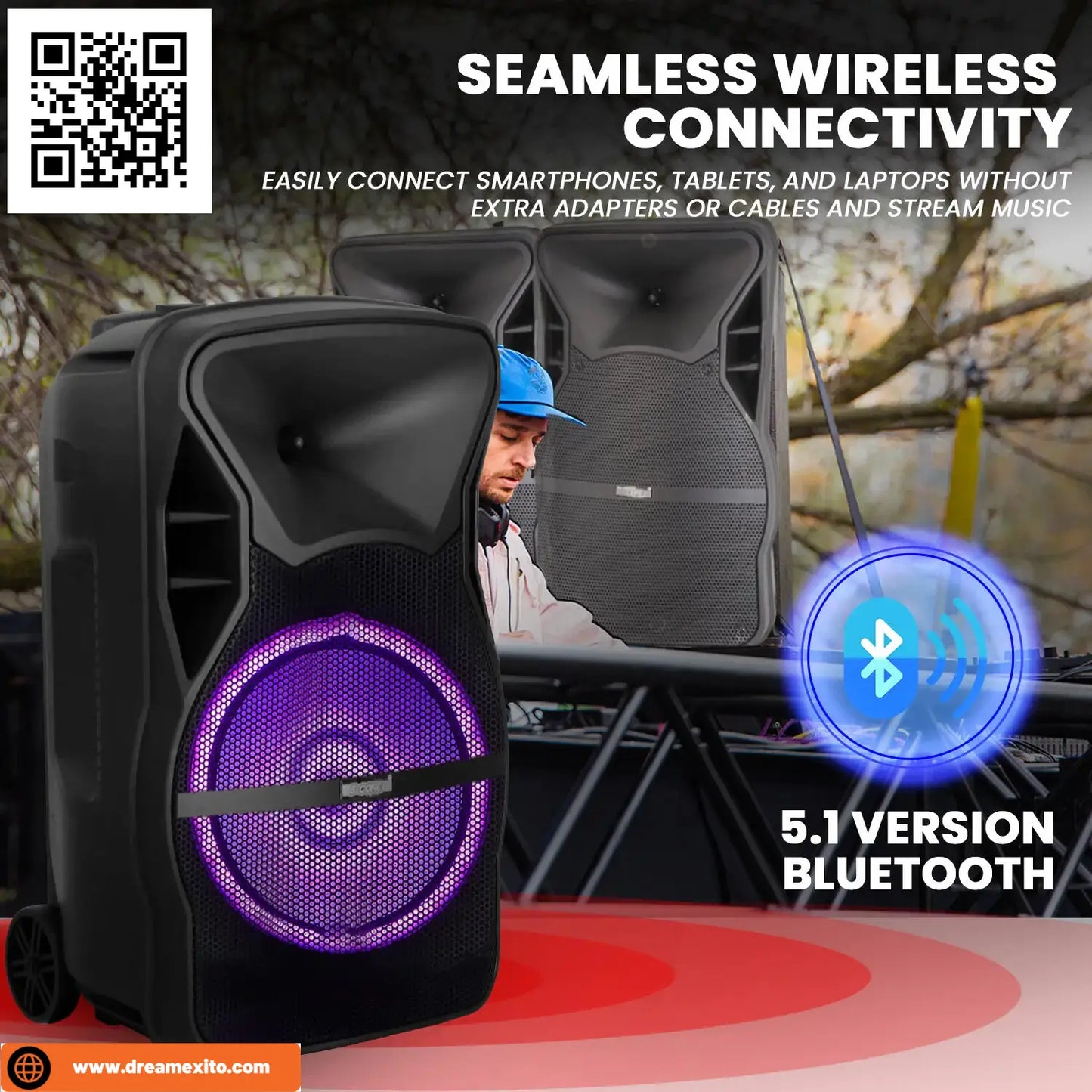 A speaker with purple LED lighting and Bluetooth connectivity.