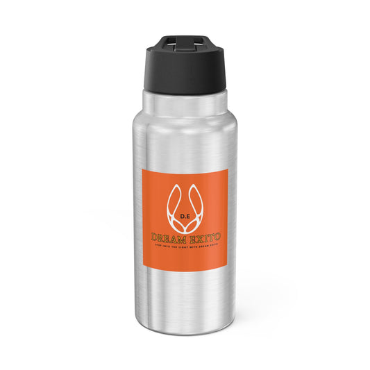 A stainless steel water bottle with a black screw-top lid, featuring an orange square logo for "Dream Exito" with a minimalist rabbit design.