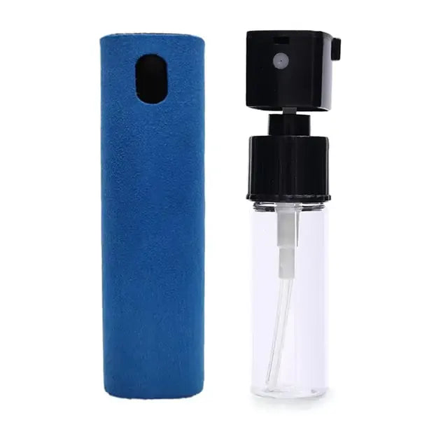 A transparent spray bottle with a black nozzle next to a blue protective case.
