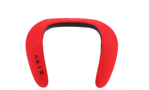 A wearable audio device in different colors and views. The device has a distinctive U-shaped or horseshoe design that would rest around the neck. It's shown in  color
Light Red