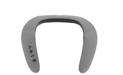 A wearable audio device in different colors and views. The device has a distinctive U-shaped or horseshoe design that would rest around the neck. It's shown in  color
Light gray