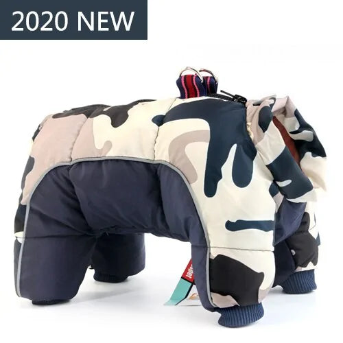 A winter dog coat in desert camouflage print with navy blue bottom, labeled as 2020 new design
