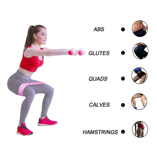 A woman in athletic gear doing a squat with a resistance band and dumbbells labeled muscle groups to her right.