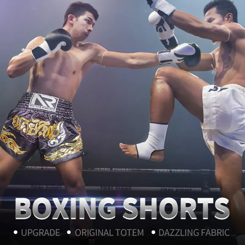 Action shot of two fighters in Muay Thai match, one executing high kick wearing branded shorts