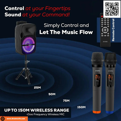 Audio equipment including a speaker, microphones, and remote control with wireless range indicators.