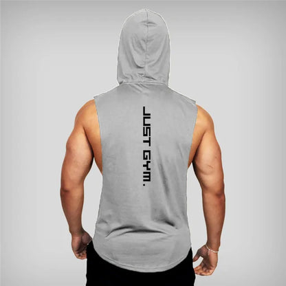 Back view of gray sleeveless hoodie with "JUST GYM" text vertically aligned on muscular person's back
