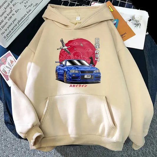 Beige hoodie with Japanese-style design featuring blue Nissan Skyline car against red circular background