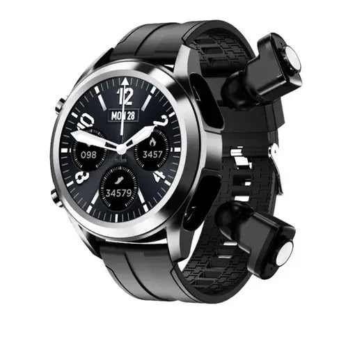 Black and silver smartwatch with a round face and digital dials.
