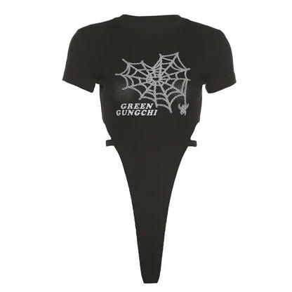 Black bodysuit with silvery spider web design and 'GREEN GUNGCHI' text, featuring side cutouts