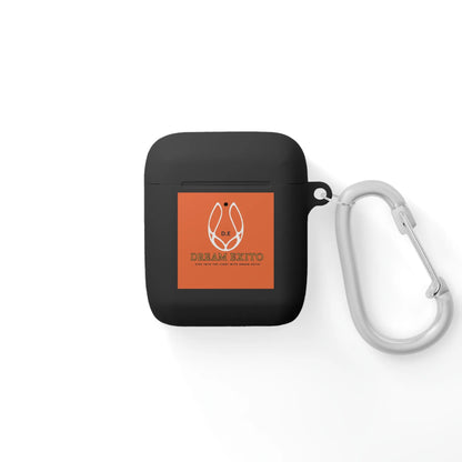 Black case with an orange logo and text, featuring a silver carabiner attached.