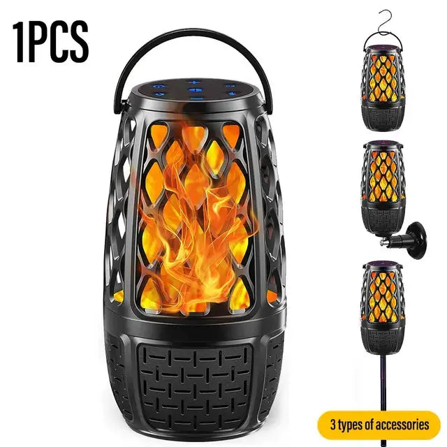 Black cylindrical Bluetooth speaker with a flame effect and three mounting options.