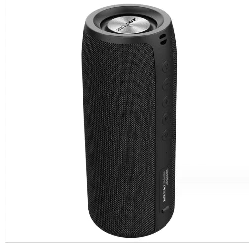 Black cylindrical portable speaker with control buttons and a metallic top.