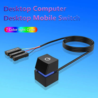 Black desktop computer switch with wires labeled "POWER SW" and "POWER LED" against a blue background with colorful text.webp