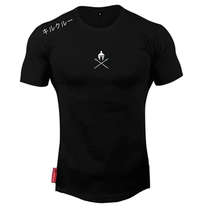 Black fitted t-shirt with minimalist warrior helmet and crossed swords emblem, crew neck design