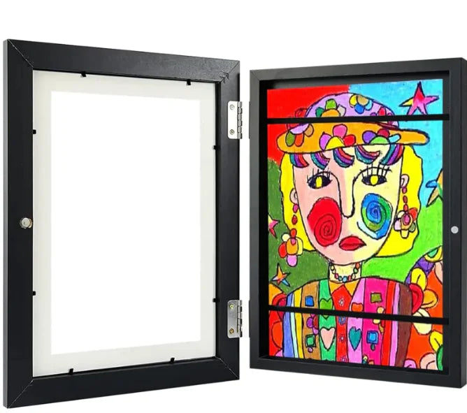 Black hinged frame open to display vibrant portrait artwork with colorful abstract style and floral details