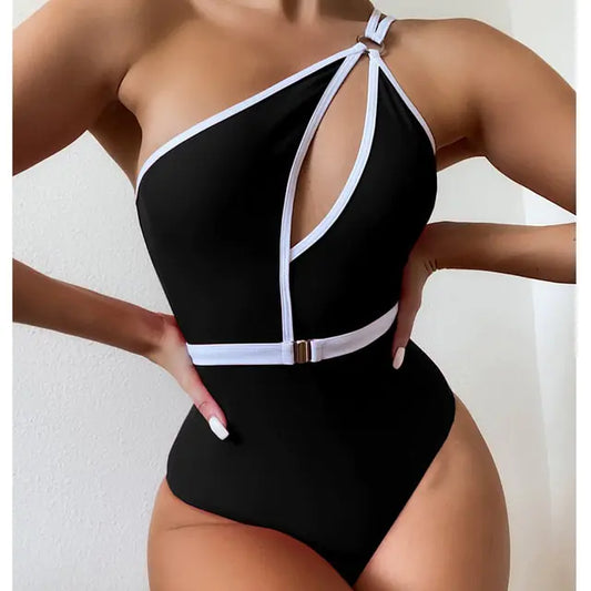 Black one-piece swimsuit with white trim details, featuring halter neck and cutout design with waist belt
