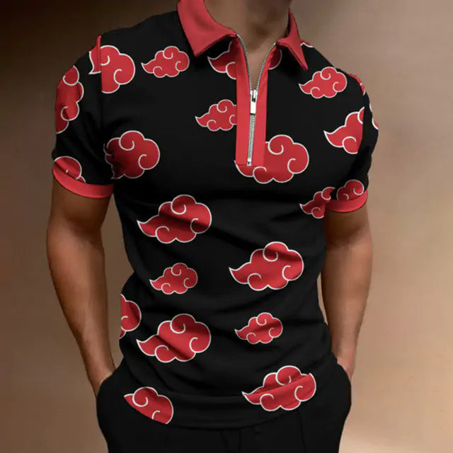 Black polo shirt with red Akatsuki cloud pattern from Naruto, featuring quarter-zip and red collar