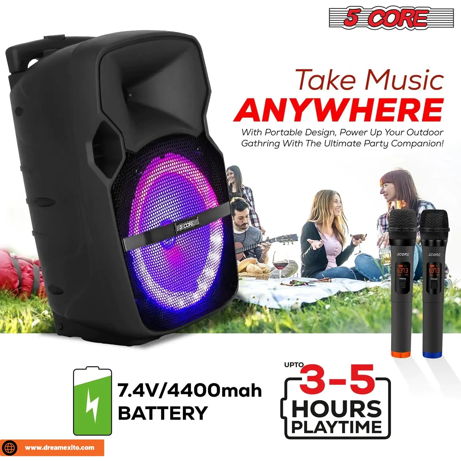 Black portable speaker with LED lights and two microphones, outdoors with people.