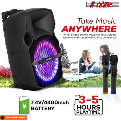 Black portable speaker with LED lights and two microphones, outdoors with people.