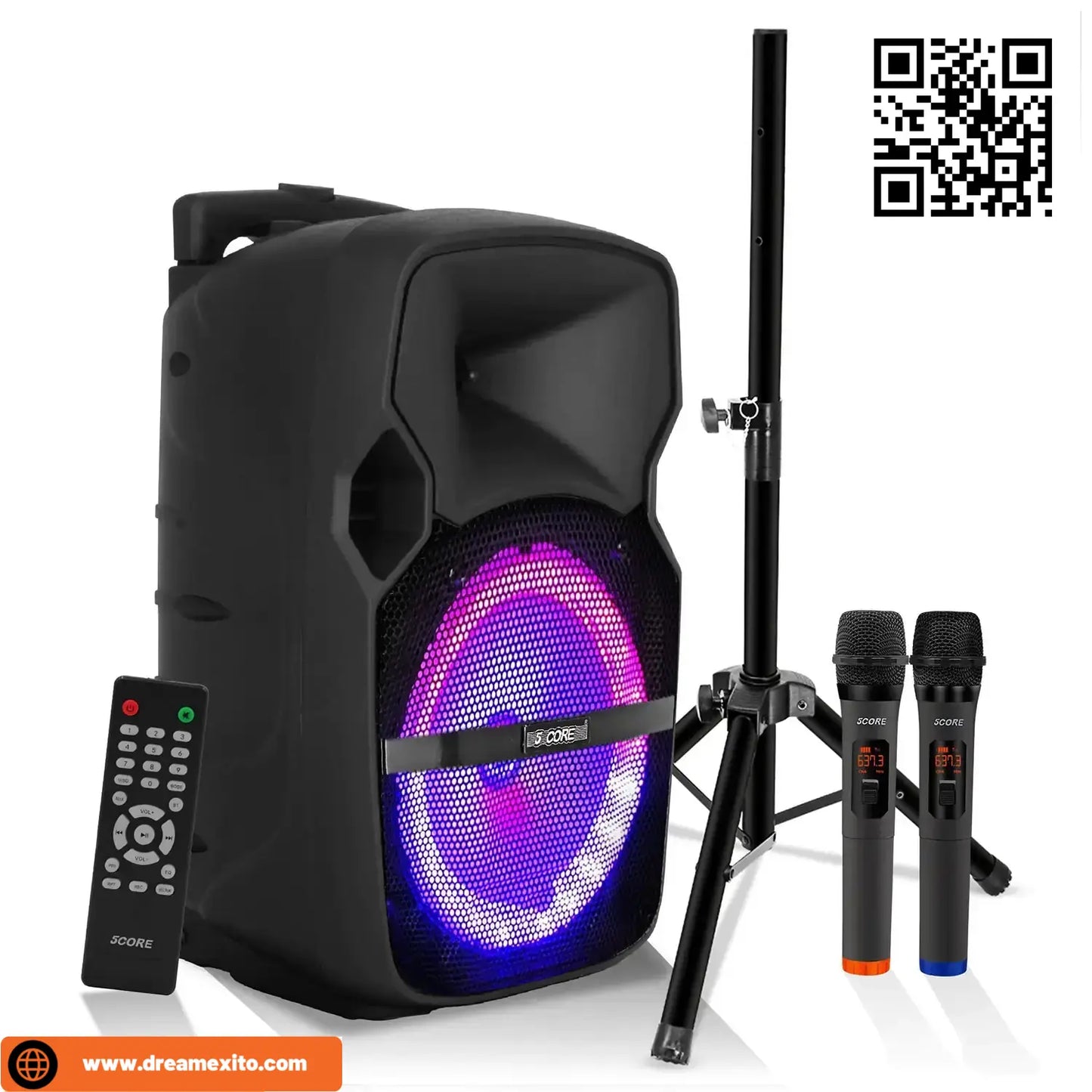 Black portable speaker with colorful LED lights, wireless microphones, tripod stand, and a remote control. QR code in the corner.