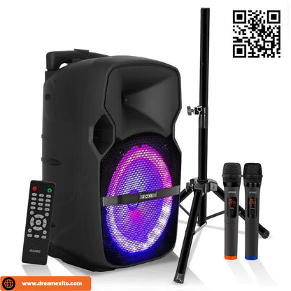 Black portable speaker with colorful LED lights, wireless microphones, tripod stand, and a remote control. QR code in the corner.