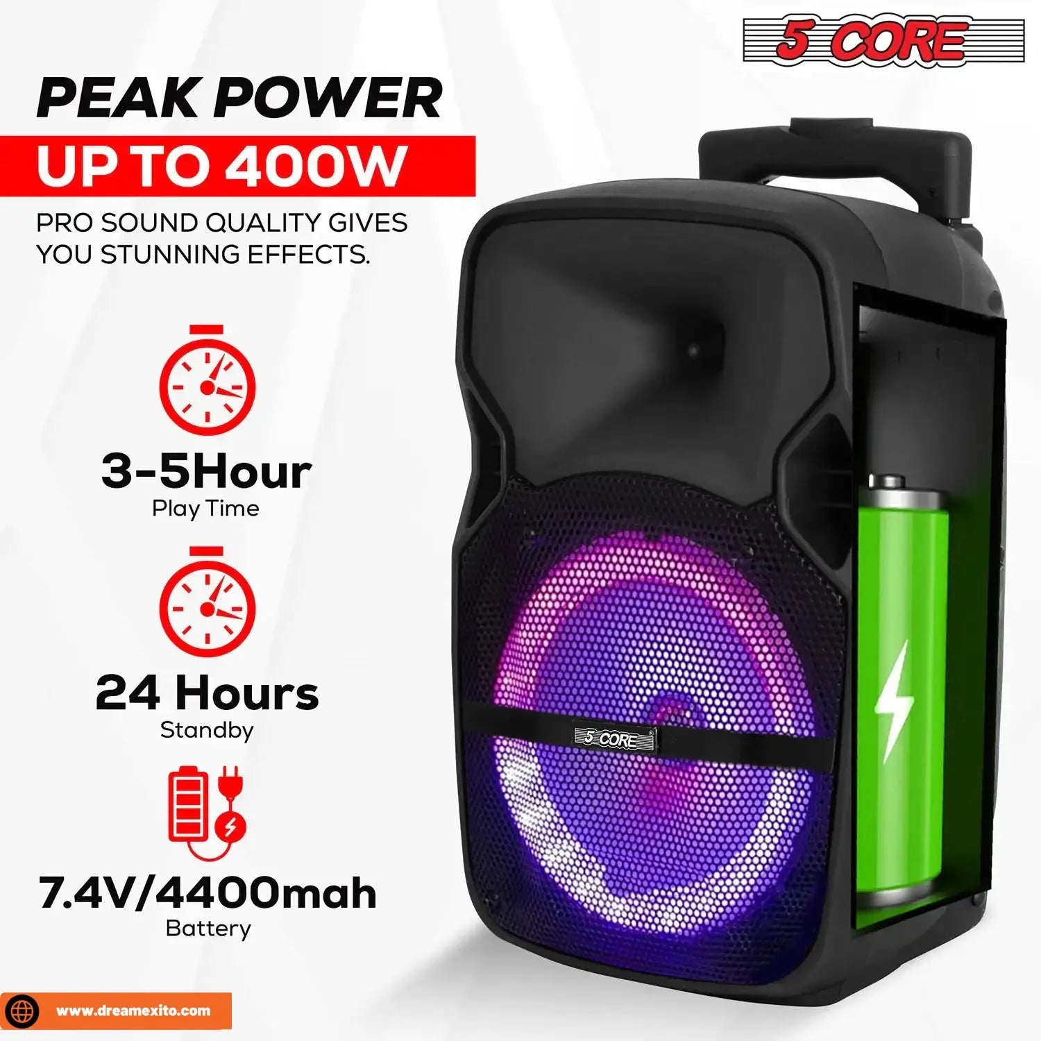 Black portable speaker with purple LED lighting and green battery, displaying specifications