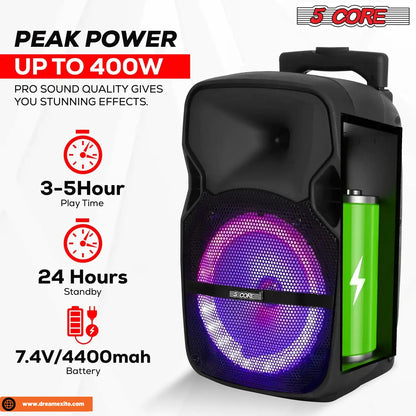 Black portable speaker with purple LED lighting and green battery, displaying specifications