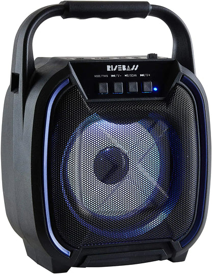 Black portable wireless speaker with a handle and control panel on top.