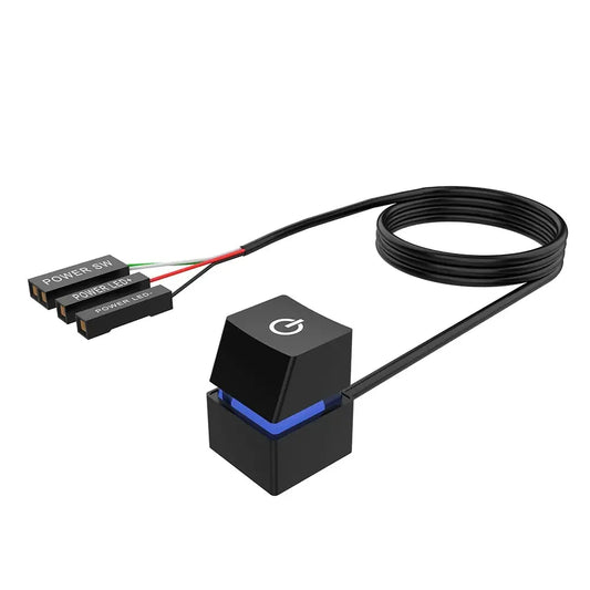 Black computer power button with cable and labeled connectors.
